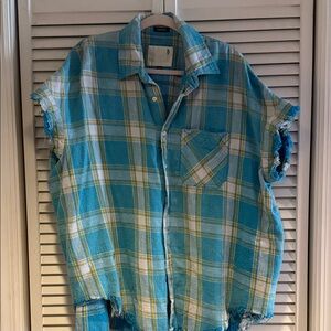 R13 Turquoise and Yellow Plaid one size unisex flannel